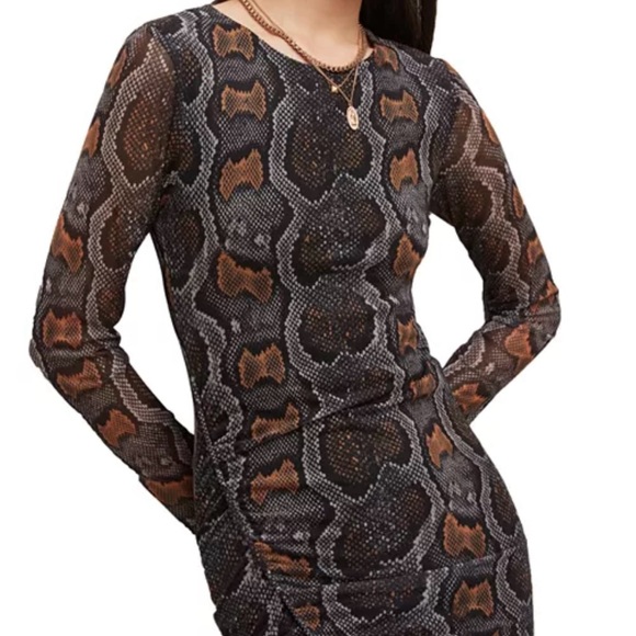 All Saints Norma Ruched Mesh Midi Dress Size 10 Snake Print - Picture 4 of 10